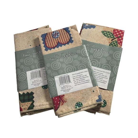 Vintage Napkins Country Button Heart Star Patchwork Gingham Apple Set Of 6 New - Picture 5 of 5
